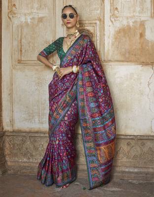 Purple silk blend printed saree with unstitched blouse 1