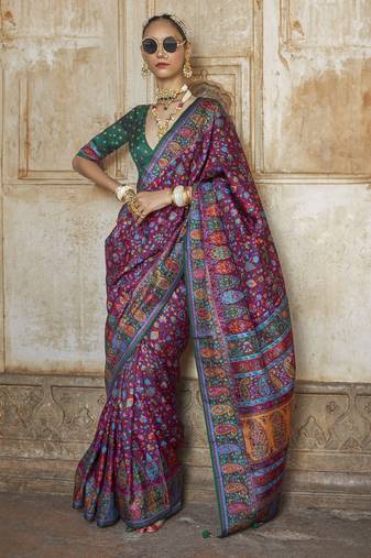 Purple silk blend printed saree with unstitched blouse