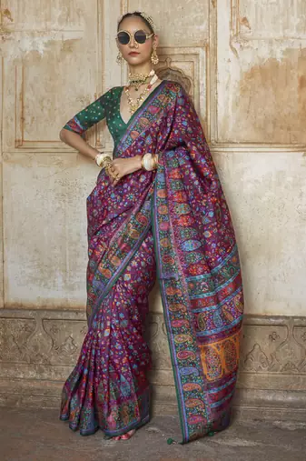 Purple silk blend printed saree with unstitched blouse