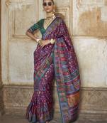 Purple silk blend printed saree with unstitched blouse