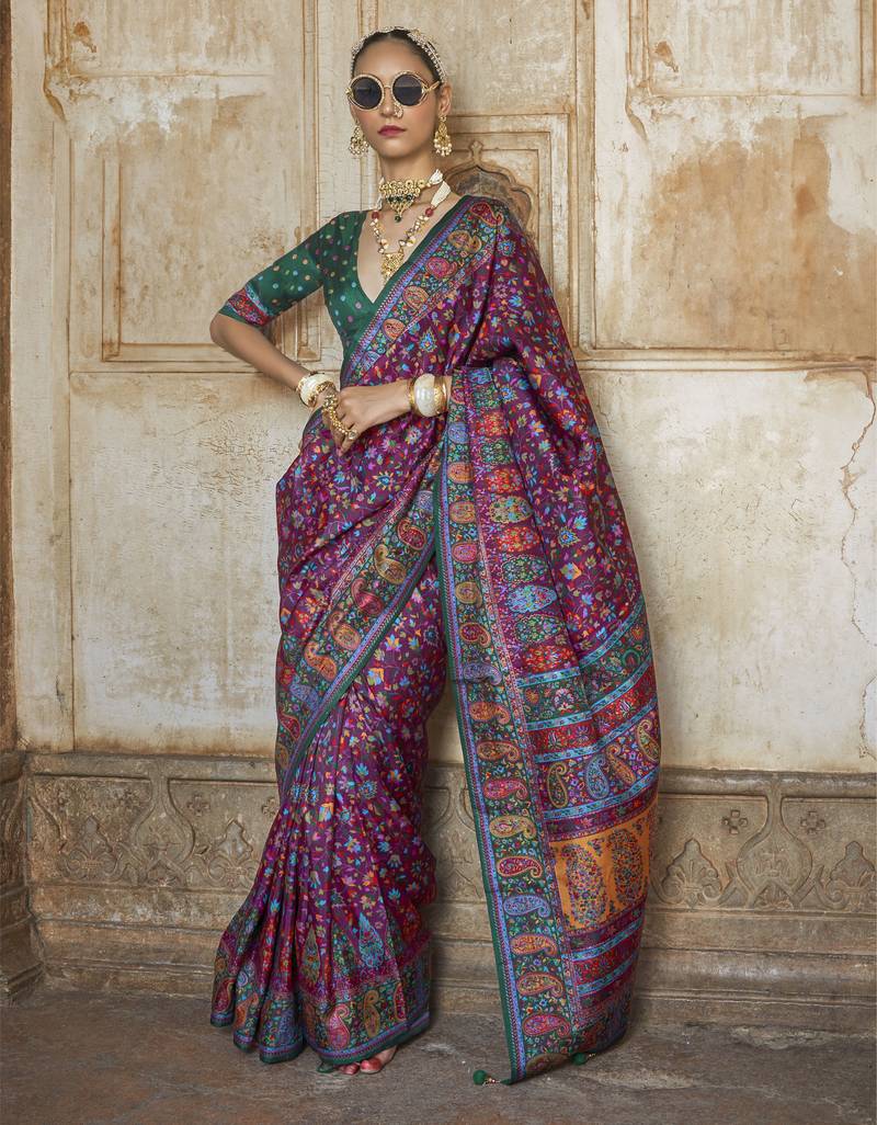 Purple silk blend printed saree with unstitched blouse