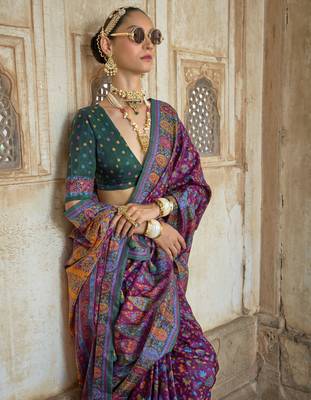 Purple silk blend printed saree with unstitched blouse 2