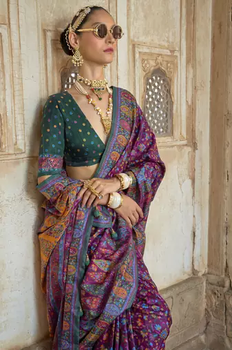 Purple silk blend printed saree with unstitched blouse