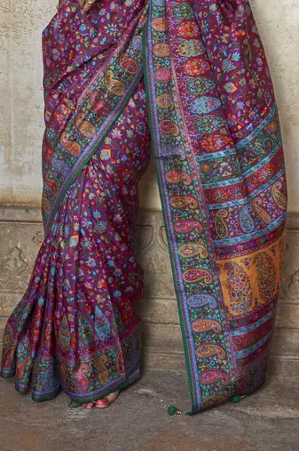 Purple silk blend printed saree with unstitched blouse