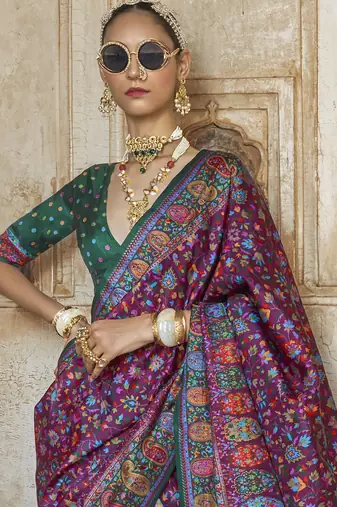 Purple silk blend printed saree with unstitched blouse