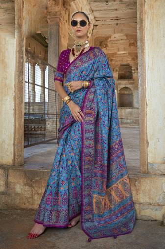 Blue silk blend printed saree with unstitched blouse