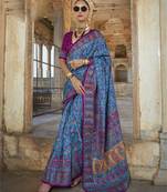 Blue silk blend printed saree with unstitched blouse