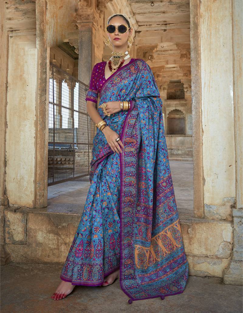 Blue silk blend printed saree with unstitched blouse