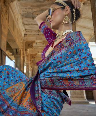 Blue silk blend printed saree with unstitched blouse 2