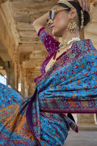 Blue silk blend printed saree with unstitched blouse