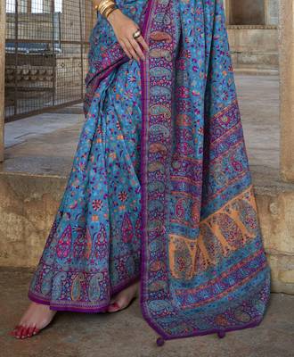 Blue silk blend printed saree with unstitched blouse 3