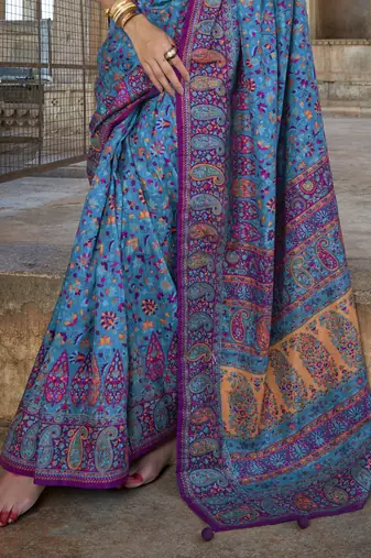 Blue silk blend printed saree with unstitched blouse