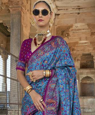 Blue silk blend printed saree with unstitched blouse 4
