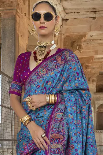 Blue silk blend printed saree with unstitched blouse