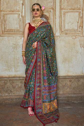 Dark green silk blend printed saree with unstitched blouse