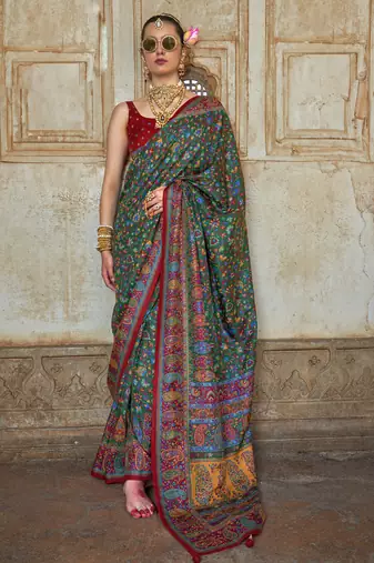 Dark green silk blend printed saree with unstitched blouse
