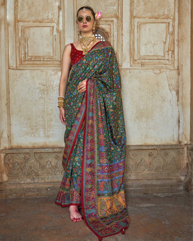 Dark green silk blend printed saree with unstitched blouse