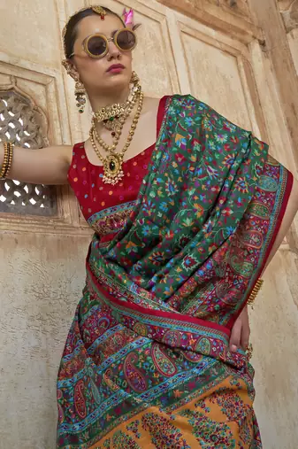 Dark green silk blend printed saree with unstitched blouse