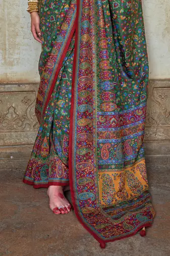 Dark green silk blend printed saree with unstitched blouse