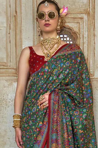Dark green silk blend printed saree with unstitched blouse