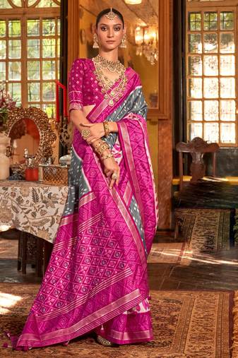 Grey silk blend printed saree with unstitched blouse