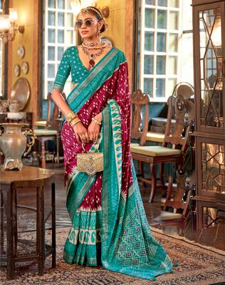 Maroon silk blend printed saree with unstitched blouse 1