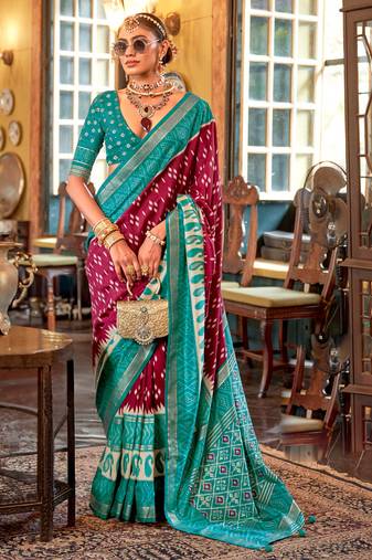 Maroon silk blend printed saree with unstitched blouse