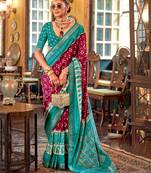 Maroon silk blend printed saree with unstitched blouse