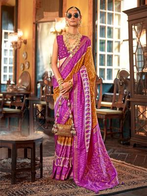 Mustard silk blend printed saree with unstitched blouse 1