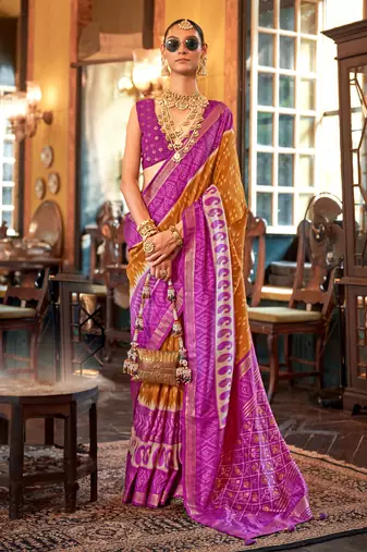Mustard silk blend printed saree with unstitched blouse