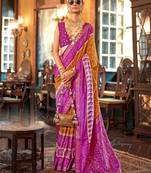 Mustard silk blend printed saree with unstitched blouse