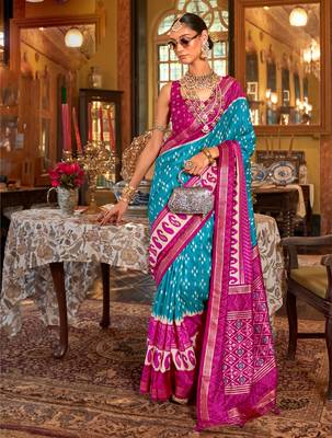 Blue silk blend printed saree with unstitched blouse 1