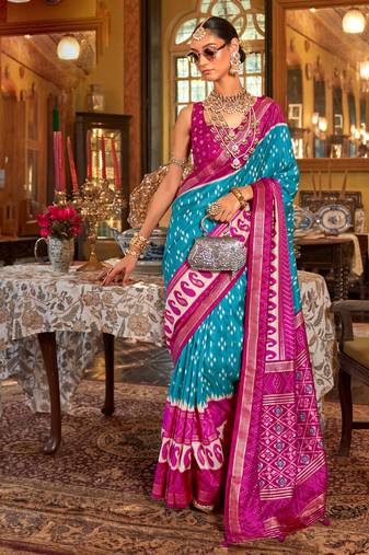 Blue silk blend printed saree with unstitched blouse