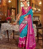 Blue silk blend printed saree with unstitched blouse