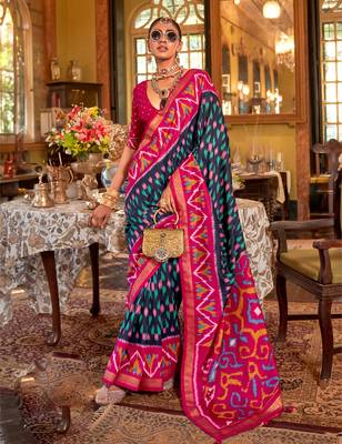 Navy blue silk blend printed saree with unstitched blouse 1