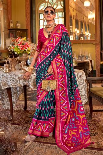 Navy blue silk blend printed saree with unstitched blouse