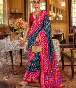 Navy blue silk blend printed saree with unstitched blouse