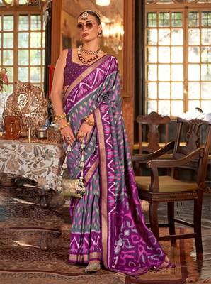 Purple silk blend printed saree with unstitched blouse 1