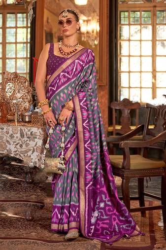 Purple silk blend printed saree with unstitched blouse