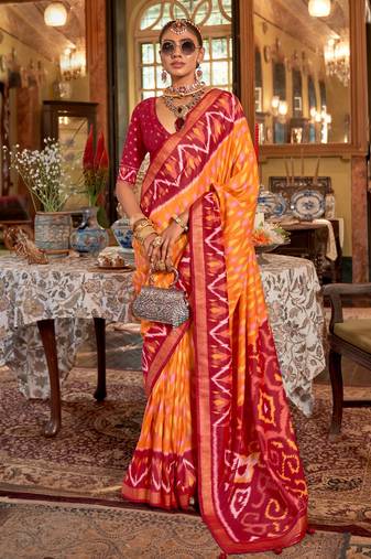 Orange silk blend printed saree with unstitched blouse