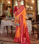 Orange silk blend printed saree with unstitched blouse