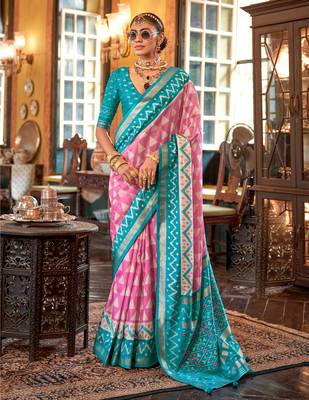 Pink silk blend printed saree with unstitched blouse 1