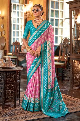 Pink silk blend printed saree with unstitched blouse