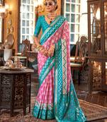 Pink silk blend printed saree with unstitched blouse