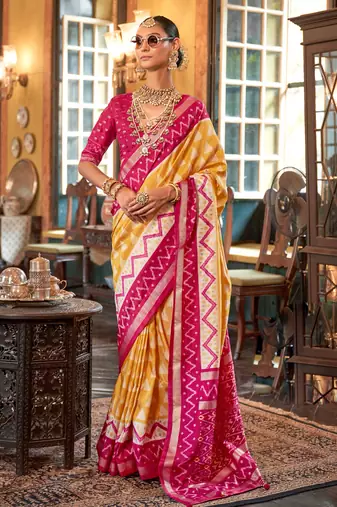Yellow silk blend printed saree with unstitched blouse