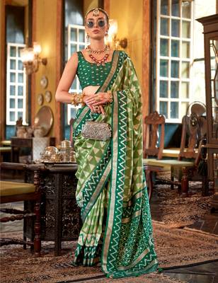 Parrot green silk blend printed saree with unstitched blouse 1