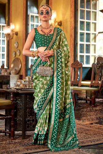 Parrot green silk blend printed saree with unstitched blouse