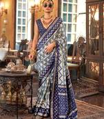 Grey silk blend printed saree with unstitched blouse