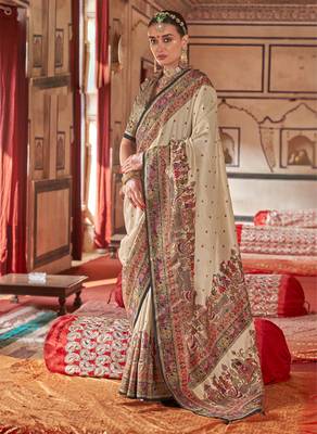 Beige silk blend printed saree with unstitched blouse 1