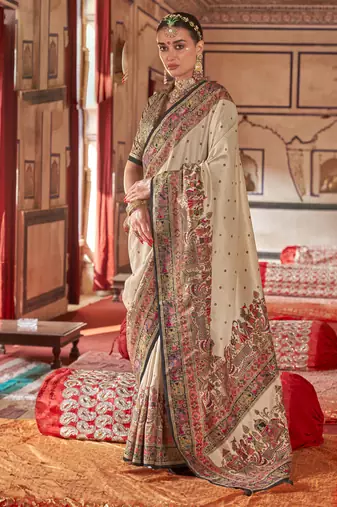 Beige silk blend printed saree with unstitched blouse